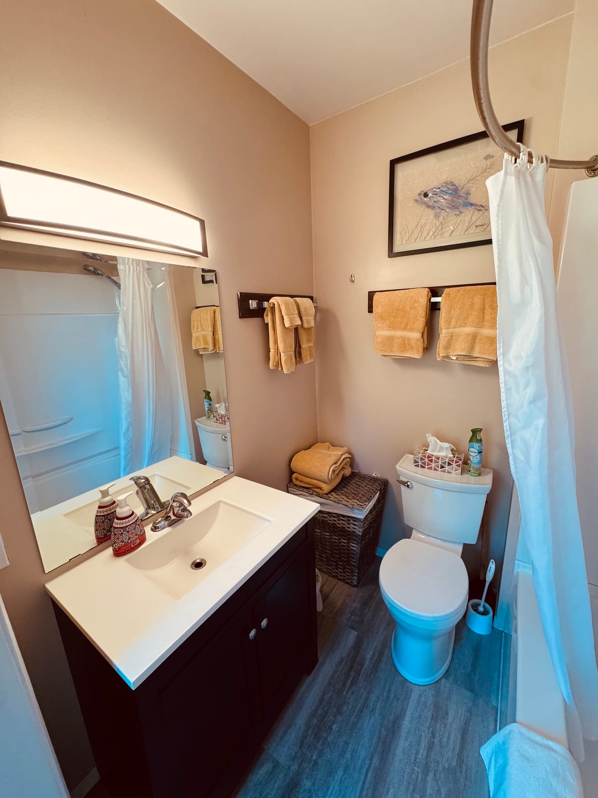 Private bathroom with tub, shower, and vanity