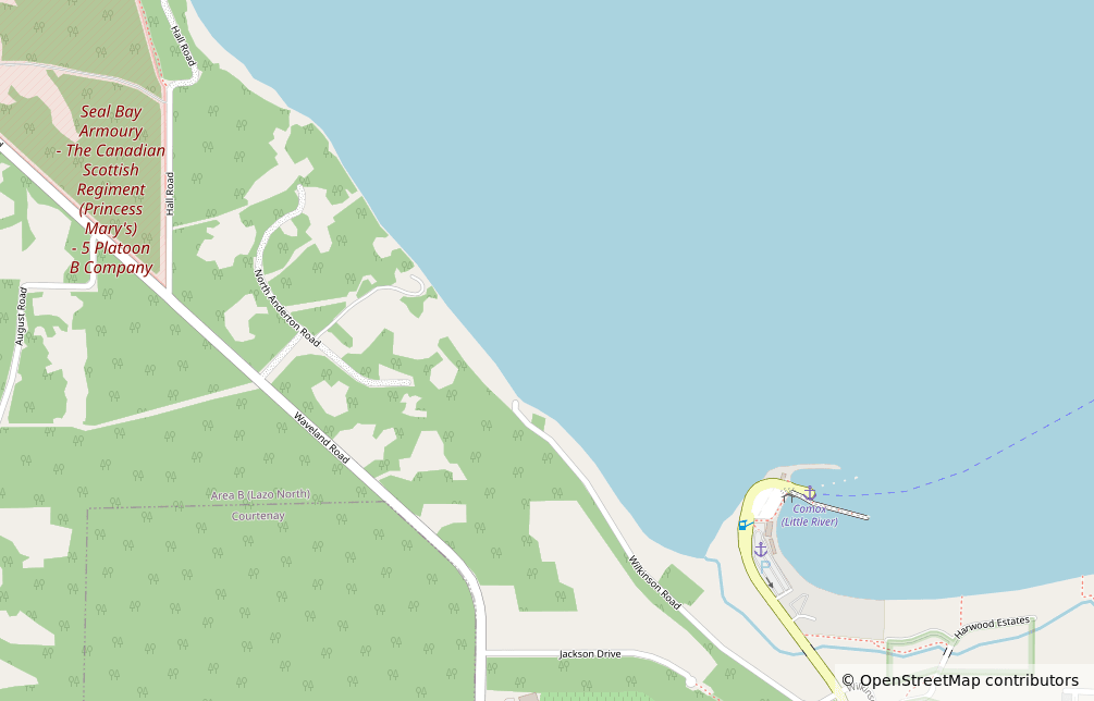 Map showing Copes' Islander at 1484 Wilkinson Road, Comox, BC, on the coast near Little River